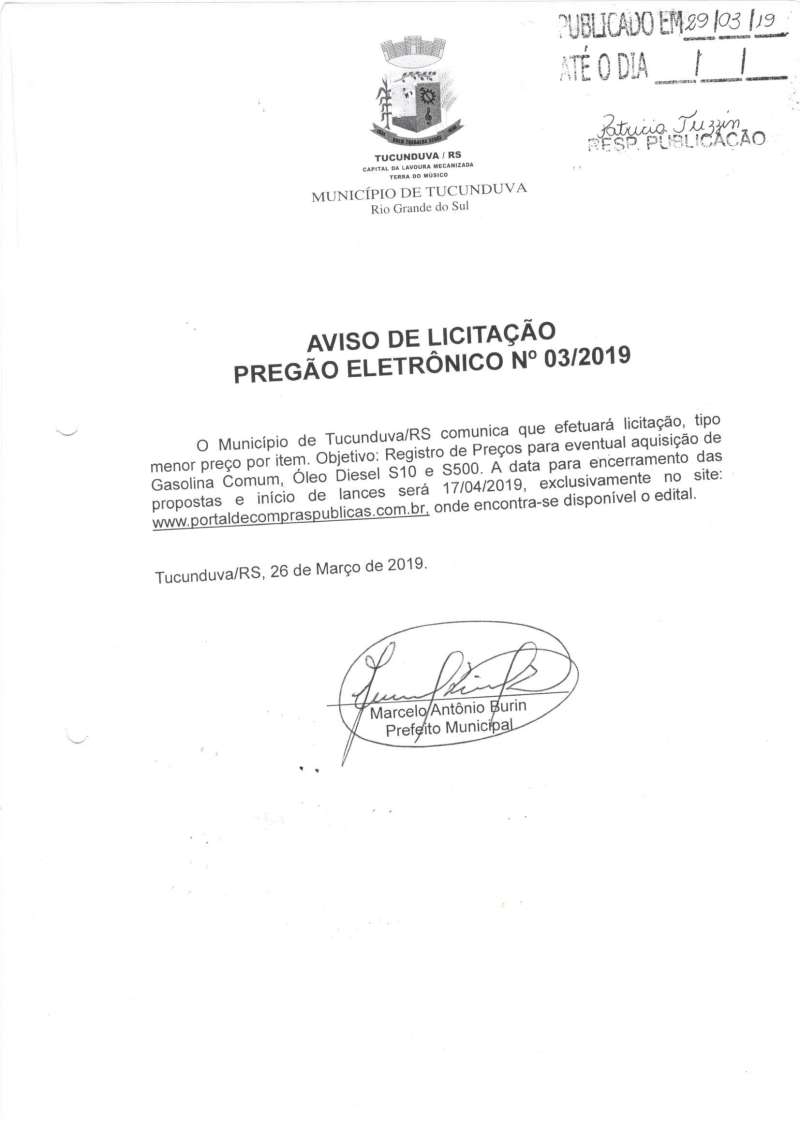 AVISO DE LICITAÇÃO - PREGÃO ELETRÔNICO Nº 03/2019 